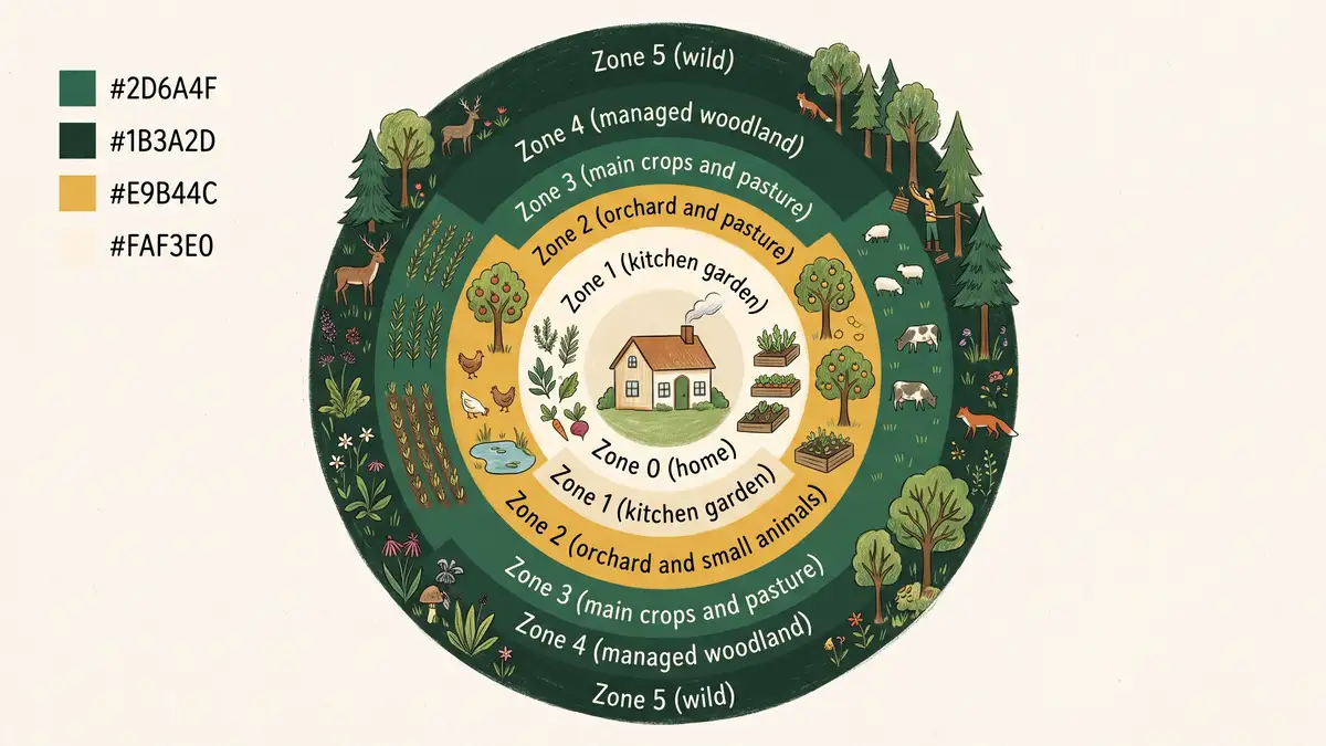 Hand-illustrated infographic of permaculture zones 0 to 5 as concentric rings around a house, from kitchen garden out to wild woodland