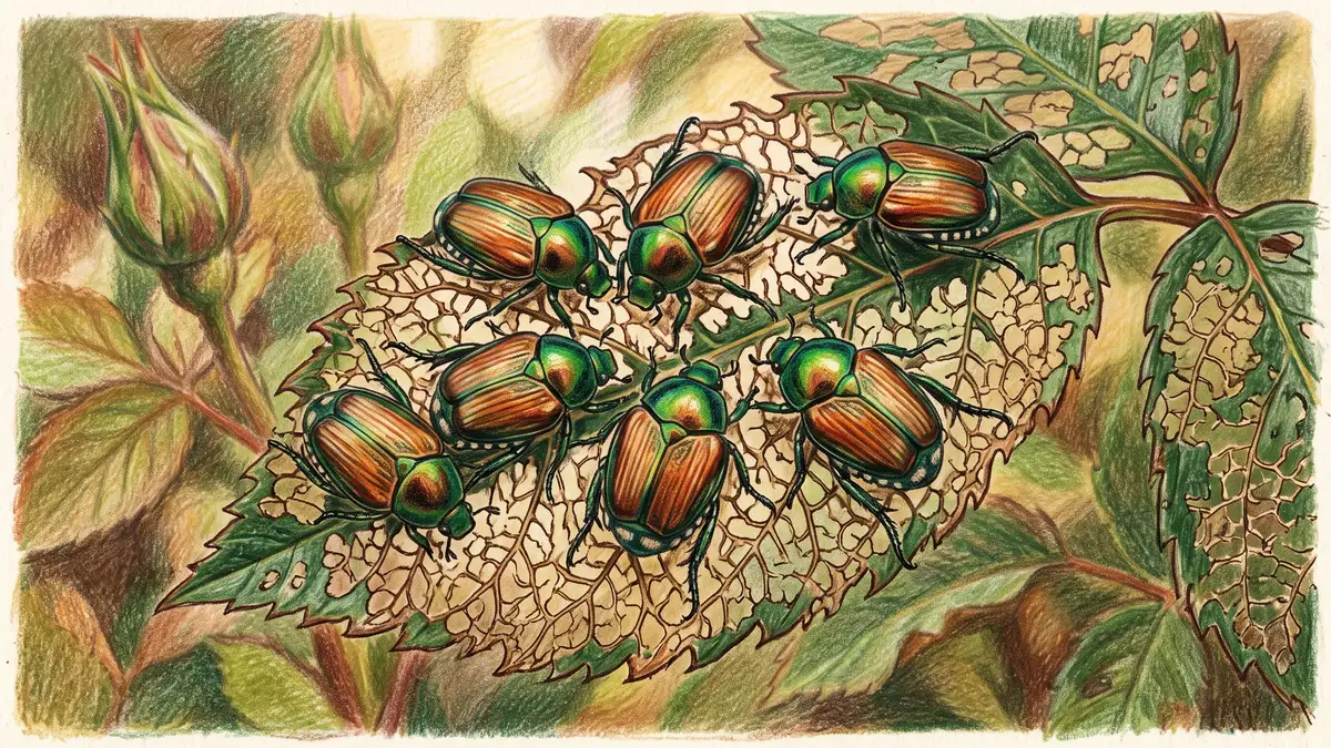 Close-up of metallic green Japanese beetles skeletonizing a rose leaf, leaving only the lacy network of veins behind