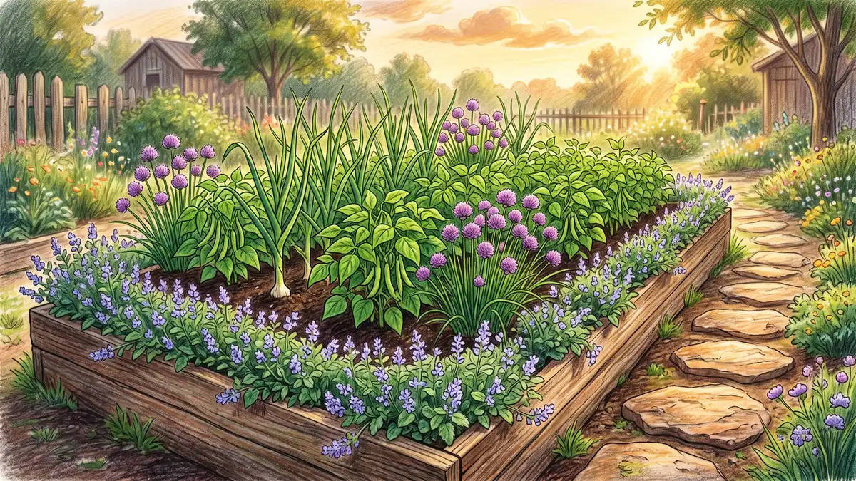 Tidy raised garden bed with bush beans interplanted with garlic and flowering chives, bordered by catnip, healthy and pest-free