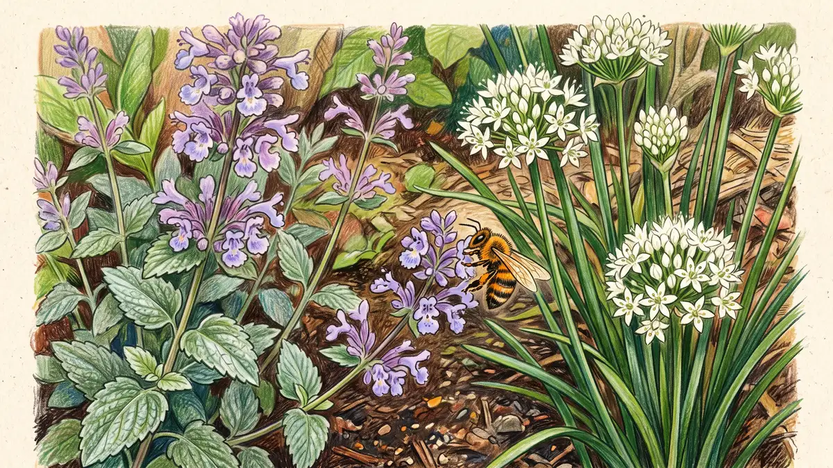 Flowering catnip and garlic chives growing together with purple and white blooms and a honeybee, aromatic companion herbs