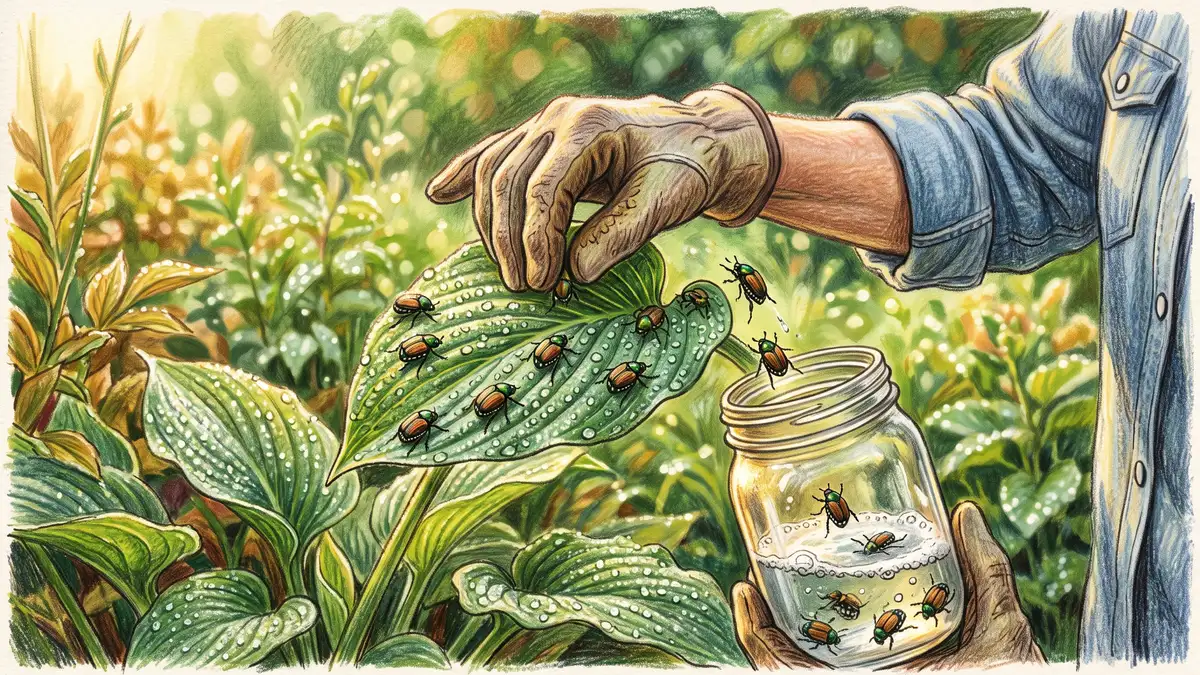 Gardener's hand knocking Japanese beetles off a leaf into a jar of soapy water in the early morning