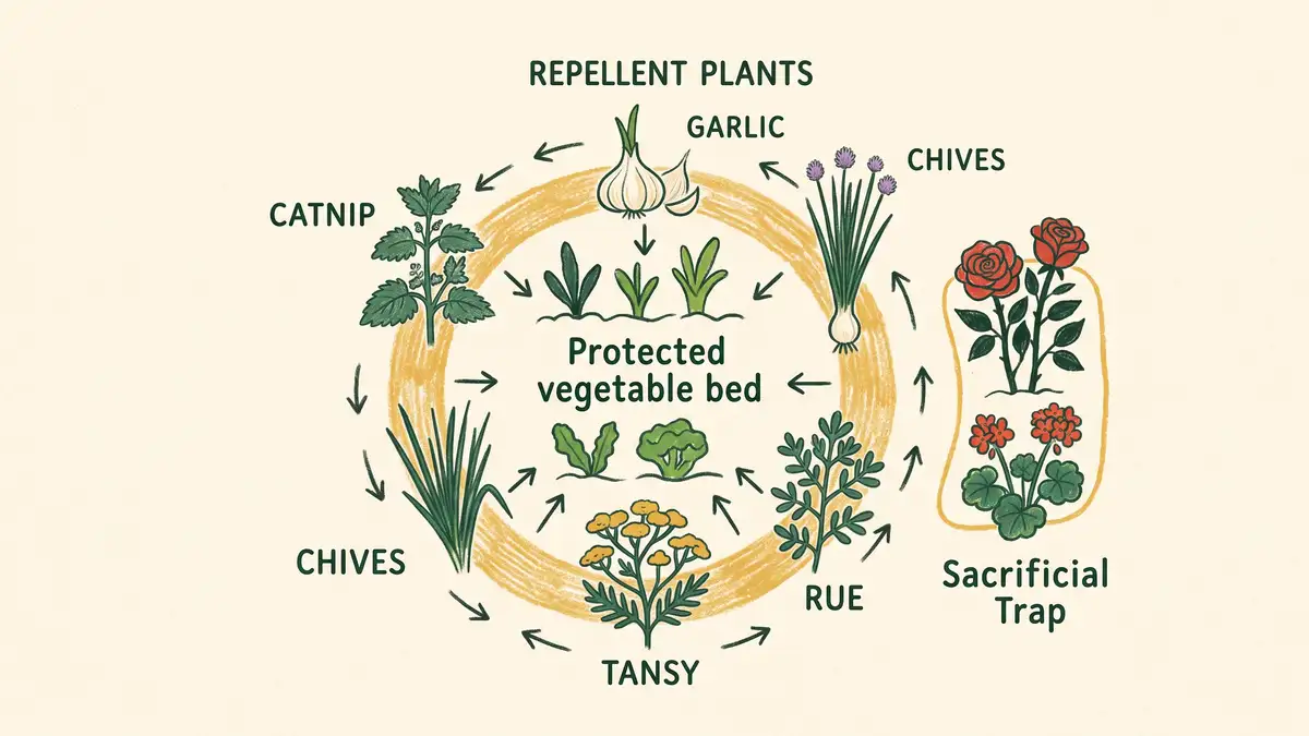 Hand-illustrated infographic showing a protected vegetable bed ringed by companion herbs with a separate sacrificial trap area of roses and geraniums