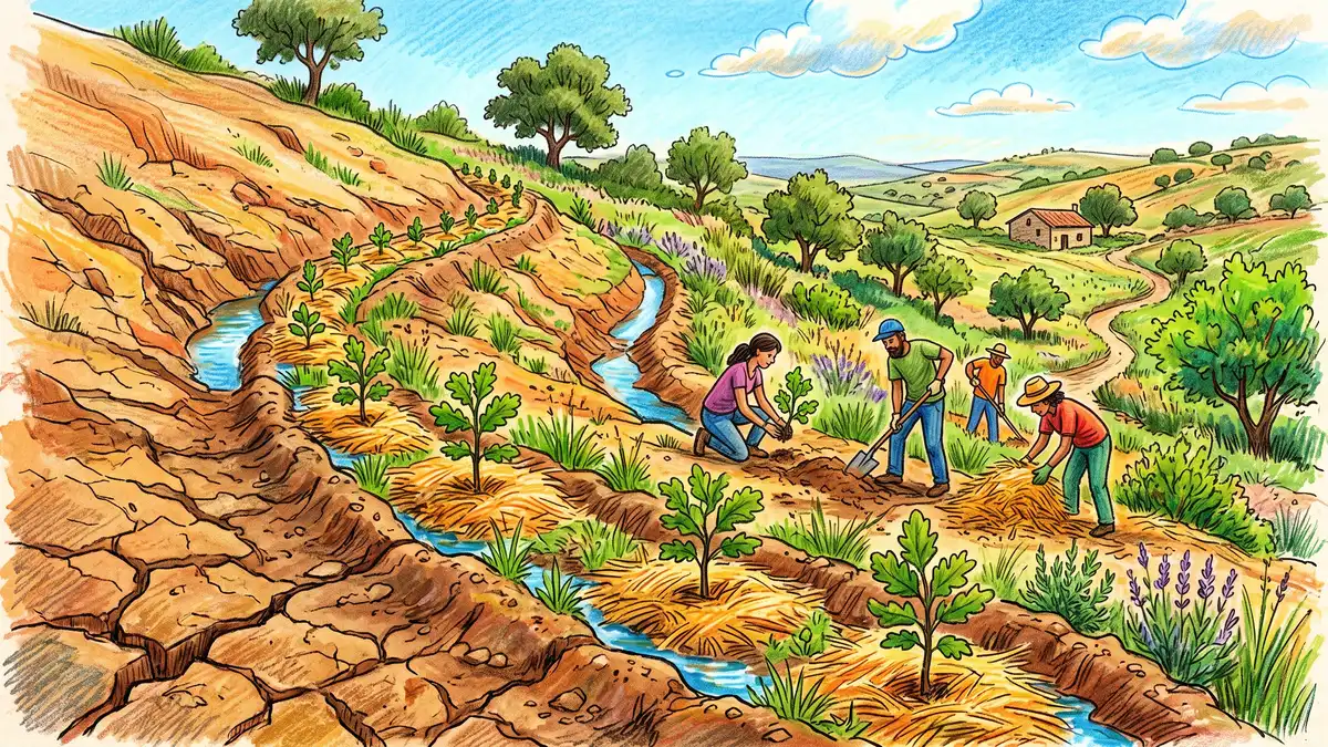 A dry eroded Portuguese hillside being restored with fresh contour swales catching rainwater and rows of young mulched oak seedlings