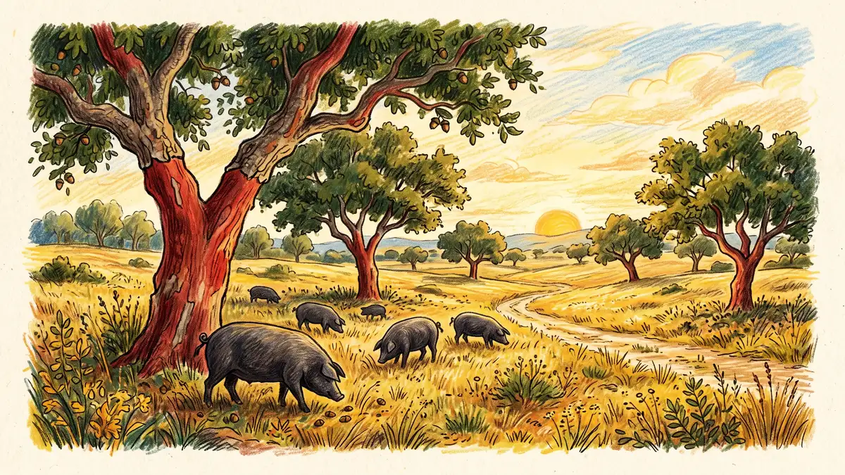 Traditional Portuguese montado of widely spaced cork oaks with stripped reddish trunks over golden pasture, with black Iberian pigs foraging for acorns