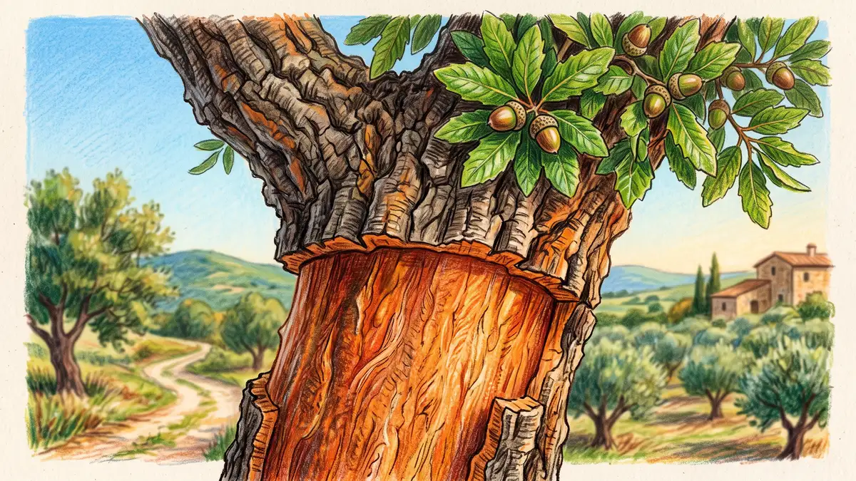 Close-up of a cork oak trunk with its lower bark freshly harvested showing the warm reddish-orange inner surface, with green leaves and acorns above