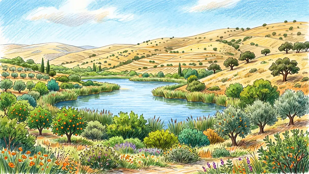 A calm retention lake ringed with reeds and fruit trees in a dry Portuguese landscape, contrasting with arid golden hills beyond