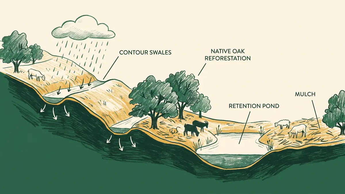 Hand-illustrated infographic of dryland regeneration on a hillside cross-section showing contour swales, a retention pond, oak reforestation, mulch, and grazing animals