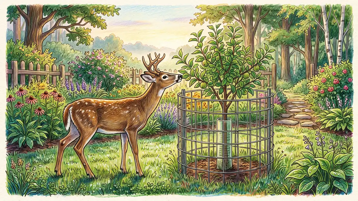 A white-tailed deer browsing at a garden edge, reaching toward a young fruit tree protected inside a wire mesh cage and tree tube