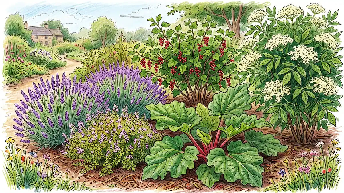 A lush bed of deer-resistant edible perennials including flowering lavender, rhubarb, oregano, thyme, a currant bush, and flowering elderberry