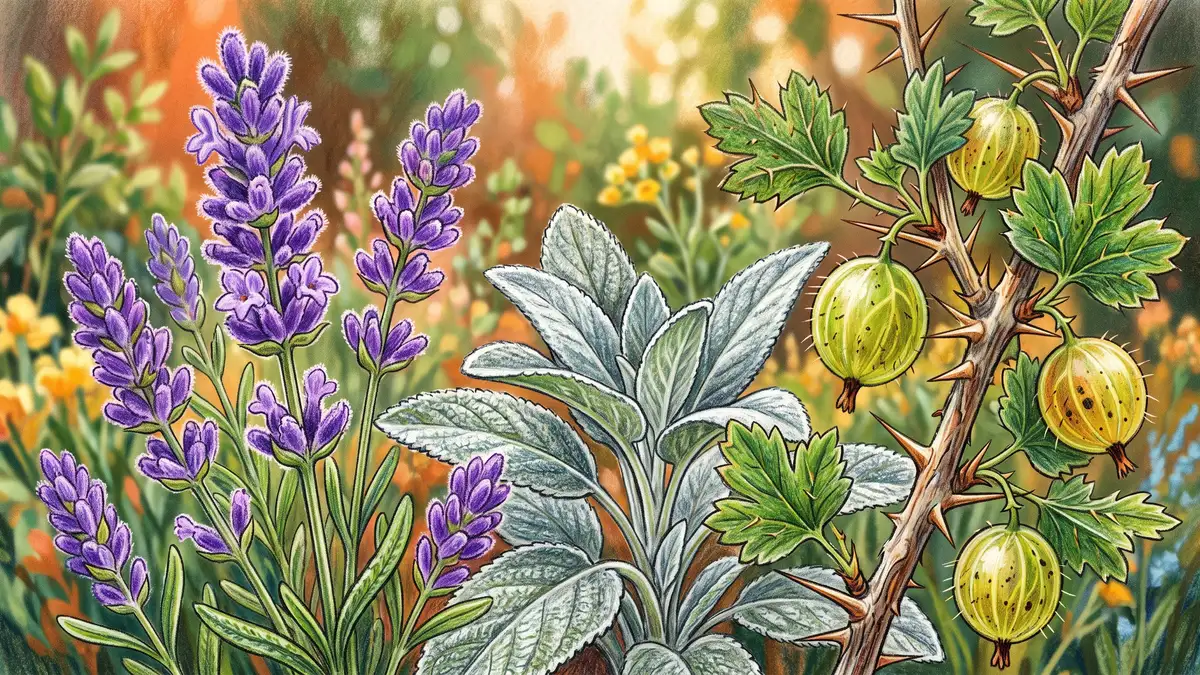 Close-up of aromatic and thorny deer-resistant plants: flowering lavender, silvery sage leaves, and a thorny gooseberry stem with green berries