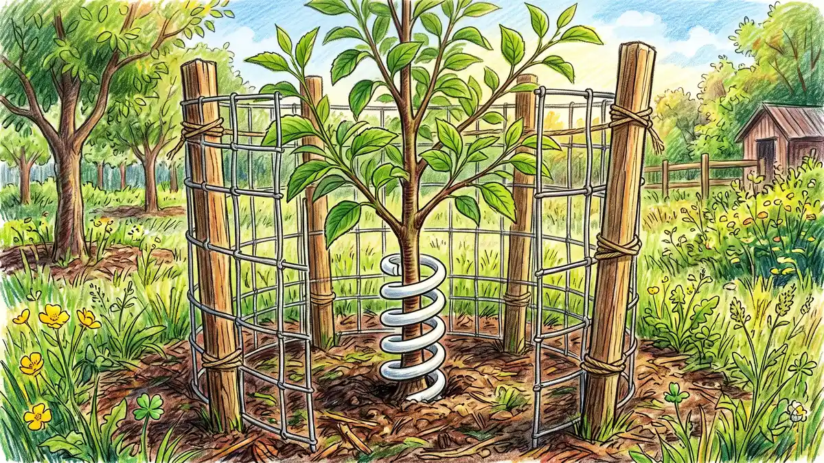 A young fruit tree protected from deer by a sturdy staked wire mesh cage with a spiral trunk guard at the base