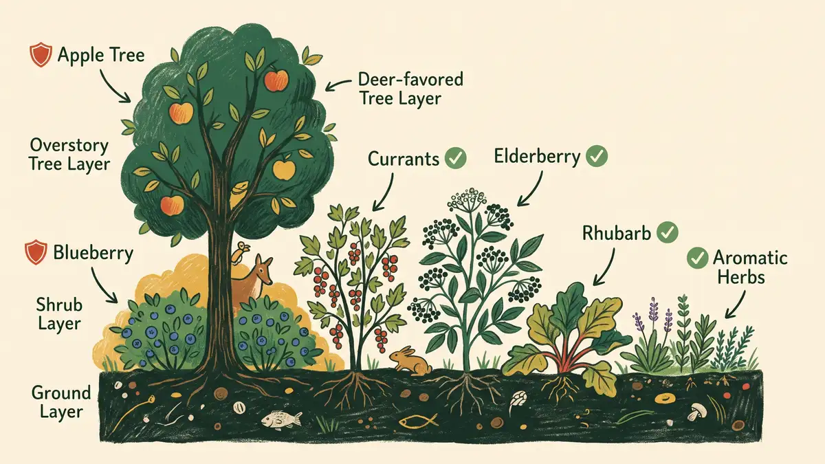 Infographic of a food forest cross-section marking deer-resistant plants like herbs, elderberry, and rhubarb versus deer-favored apple and blueberry that need protection