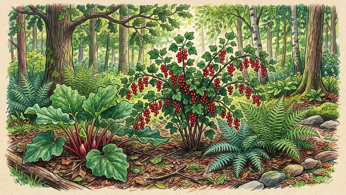 A shaded understory garden bed under trees with a currant bush heavy with red berries, rhubarb, and clumps of ferns in dappled light