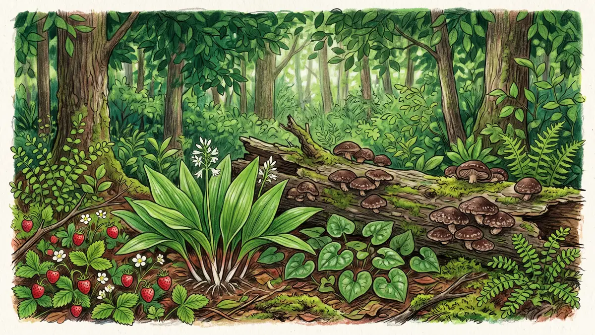 A woodland forest floor with edible shade crops including a patch of ramps, alpine strawberries, wild ginger, and shiitake mushrooms on a fallen log