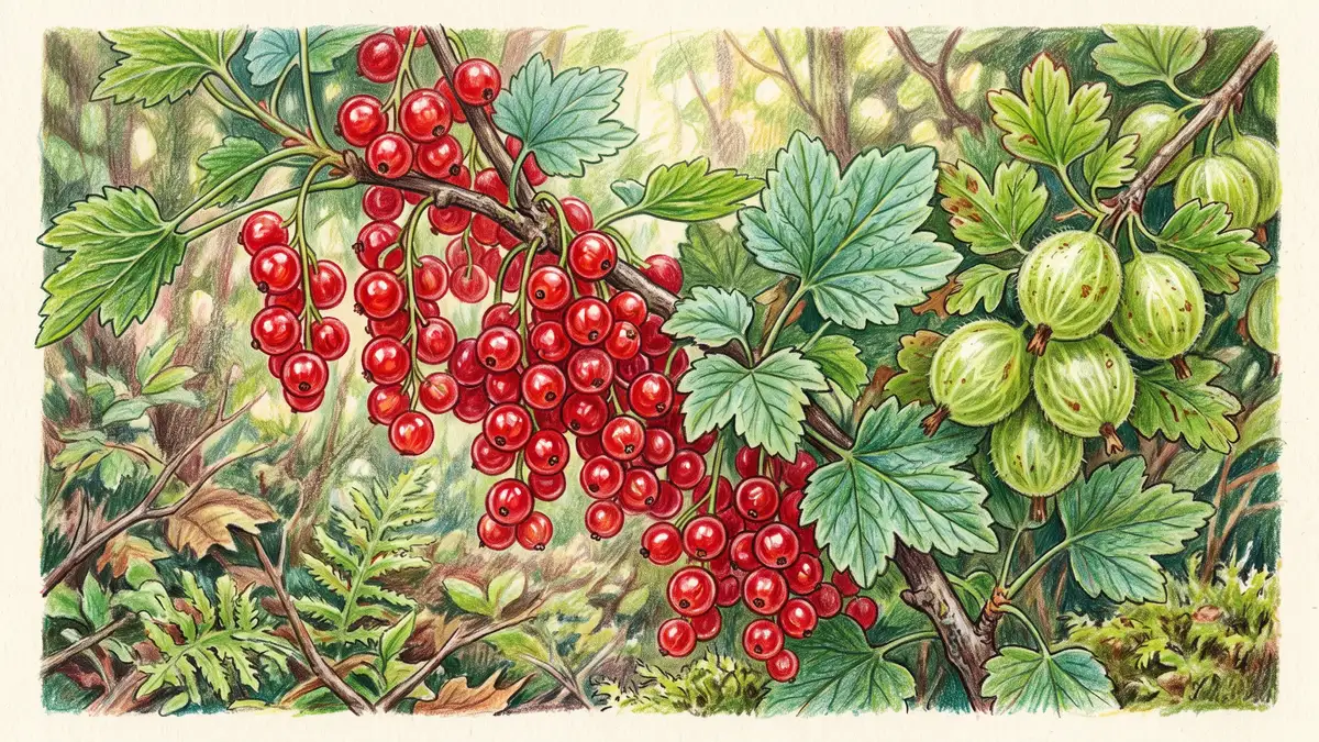 Close-up of a shade-grown currant branch heavy with glossy red currants beside a cluster of green gooseberries in dappled woodland light