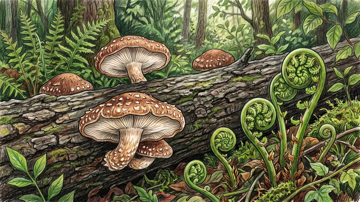 Close-up of shiitake mushrooms fruiting on an inoculated hardwood log in a shady forest with unfurling ostrich fern fiddleheads nearby