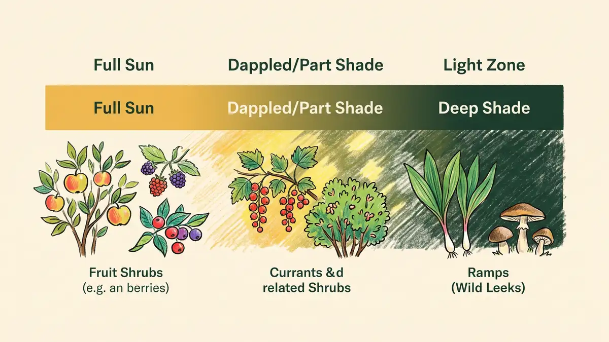 Infographic showing three light zones from full sun to deep shade with example food forest plants placed under each zone