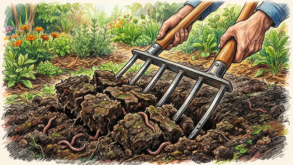 Close-up of a broadfork with long steel tines pressed into a rich garden bed, lifting and cracking the soil without turning it, with earthworms visible