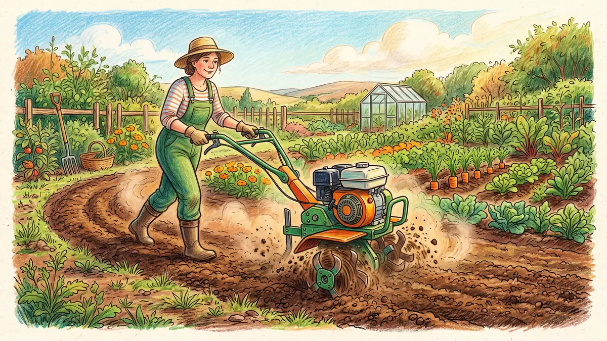 A gardener pushing a gas rototiller through a garden plot, its rotating tines churning the top layer of soil into fine loose tilth with a haze of dust