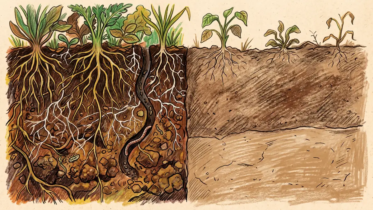 Soil cross-section showing intact soil with root channels, fungal threads, and earthworm burrows on one side versus pulverized soil with a compacted hard layer beneath