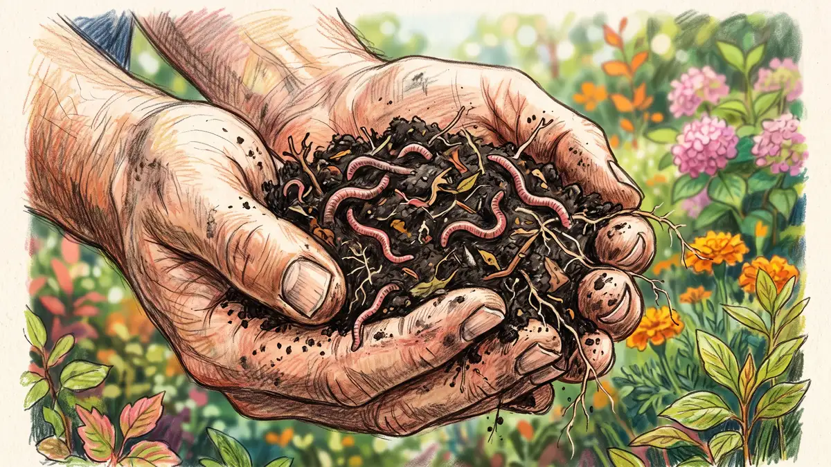 A gardener's hands holding rich dark crumbly soil full of earthworms and fine plant roots, healthy living soil