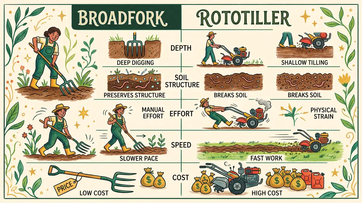 Comparison infographic of a broadfork versus a rototiller across depth, soil structure, effort, speed, and cost