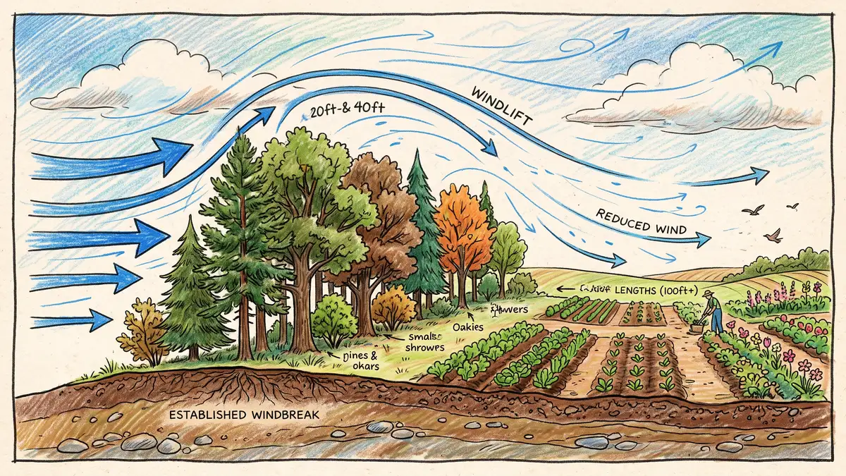 Cross-section illustration of a windbreak slowing wind, with airflow curving up and over the trees and a calm sheltered garden zone downwind