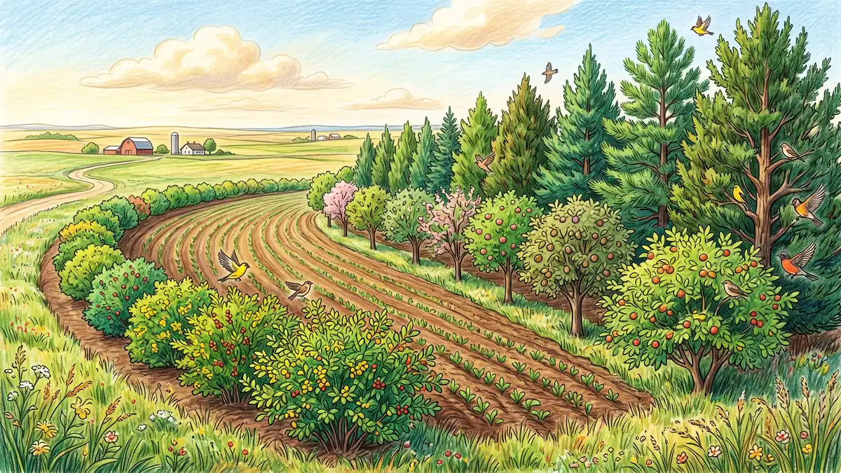 A well-designed multi-row shelterbelt with tall evergreens behind, fruit and nut trees in the middle, and low nitrogen-fixing shrubs in front across a farm field