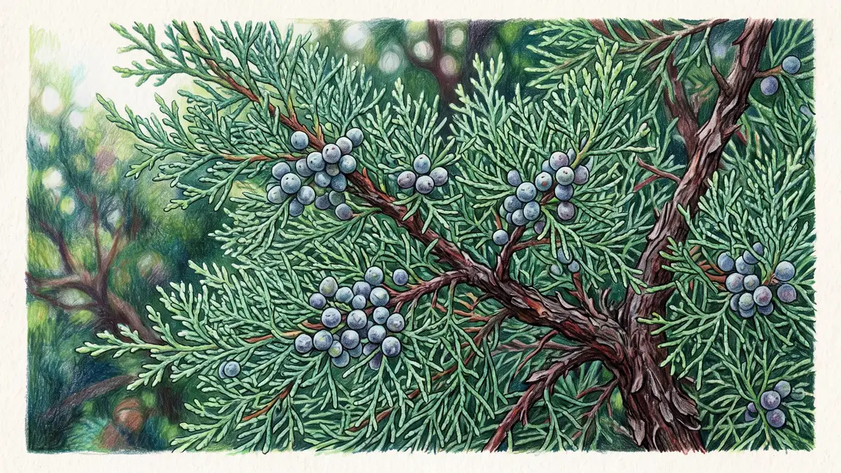 Close-up of dense blue-green eastern red cedar foliage with small berries, the semi-porous evergreen texture that filters wind year round