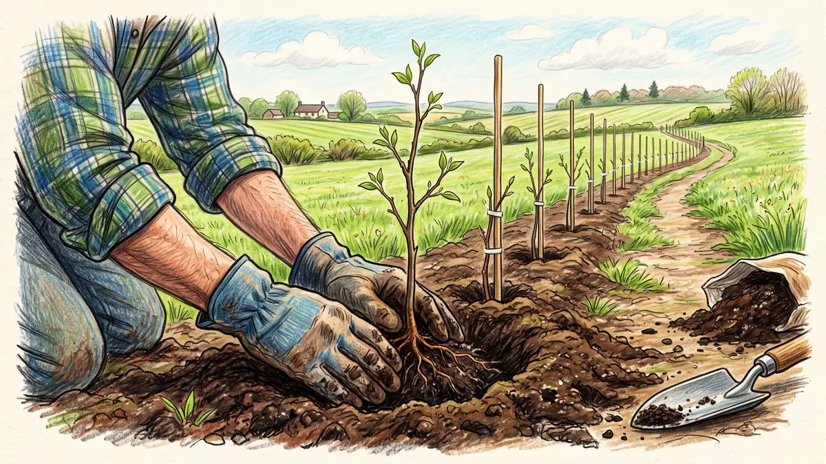 A gardener's hands planting a young bare-root tree seedling in dark soil to start a new windbreak row, with staked saplings receding into the distance