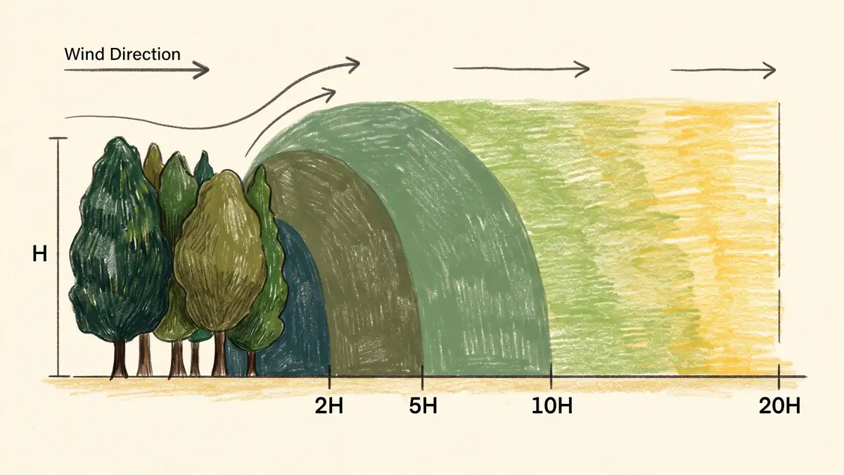 Infographic of windbreak protection zones showing sheltered distance in multiples of tree height from 2H near the trees out to 20H downwind