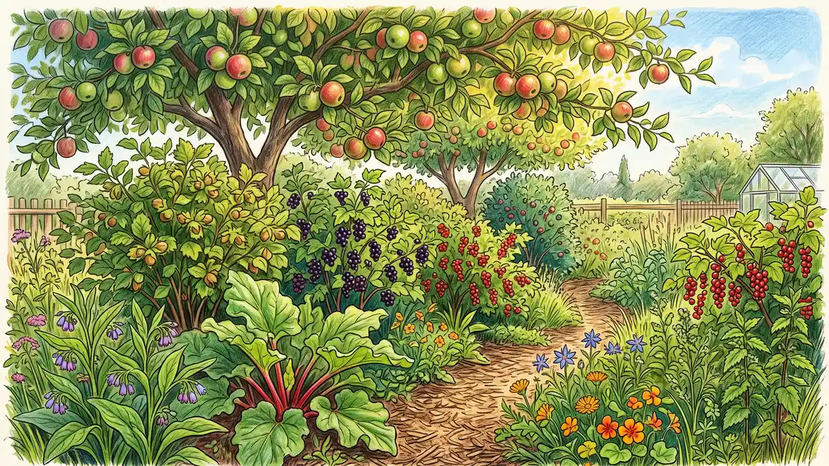 A mature backyard food forest in summer with an apple canopy, currant and hazelnut shrubs, and rhubarb and comfrey at ground level along a mulch path