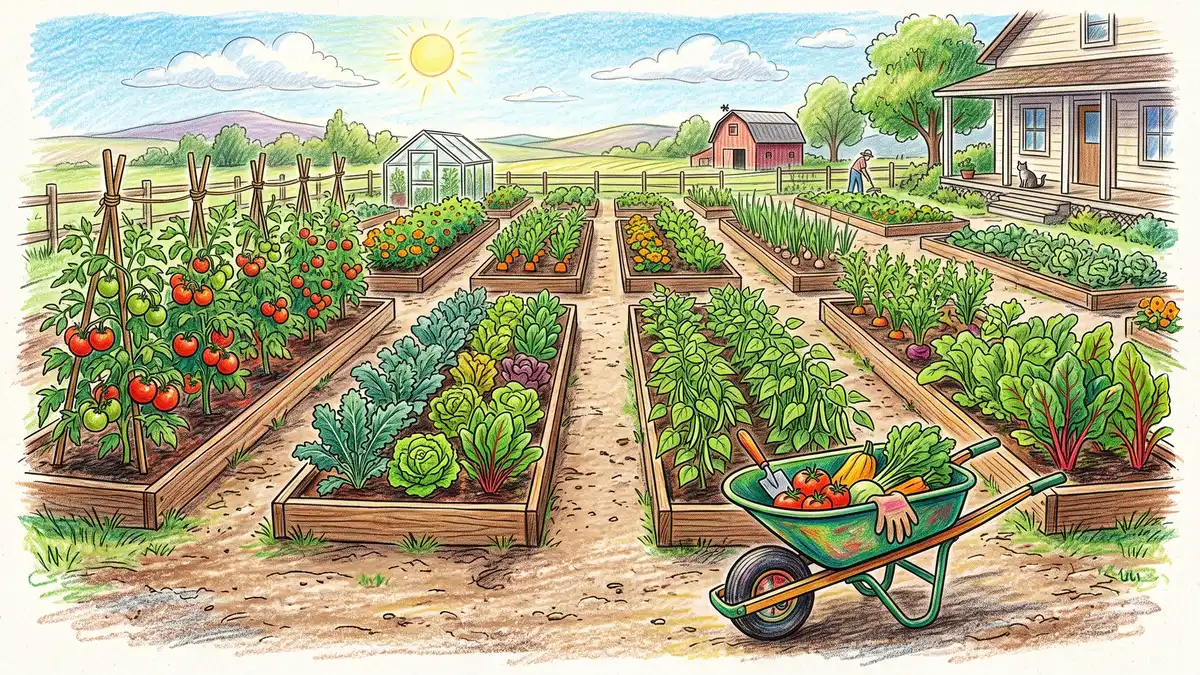 A tidy homestead vegetable garden with raised beds of staked tomatoes, leafy greens, and bush beans in straight rows