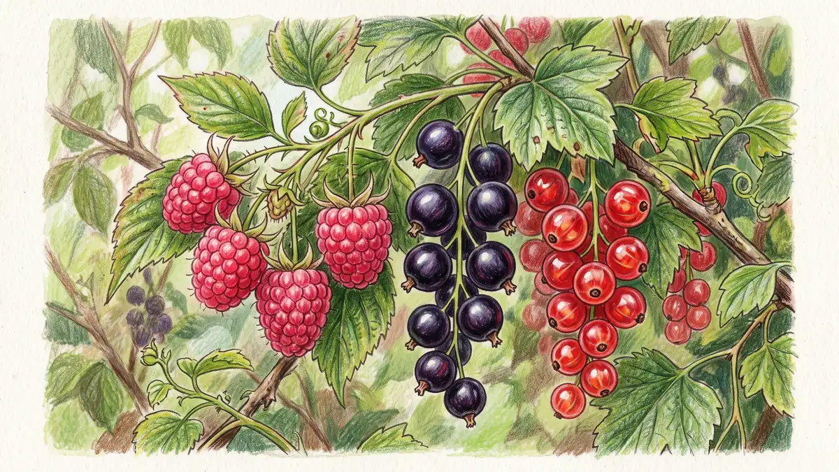 Close-up of ripe red and black currants and raspberries on a food forest shrub branch, perennial fruit ready to pick