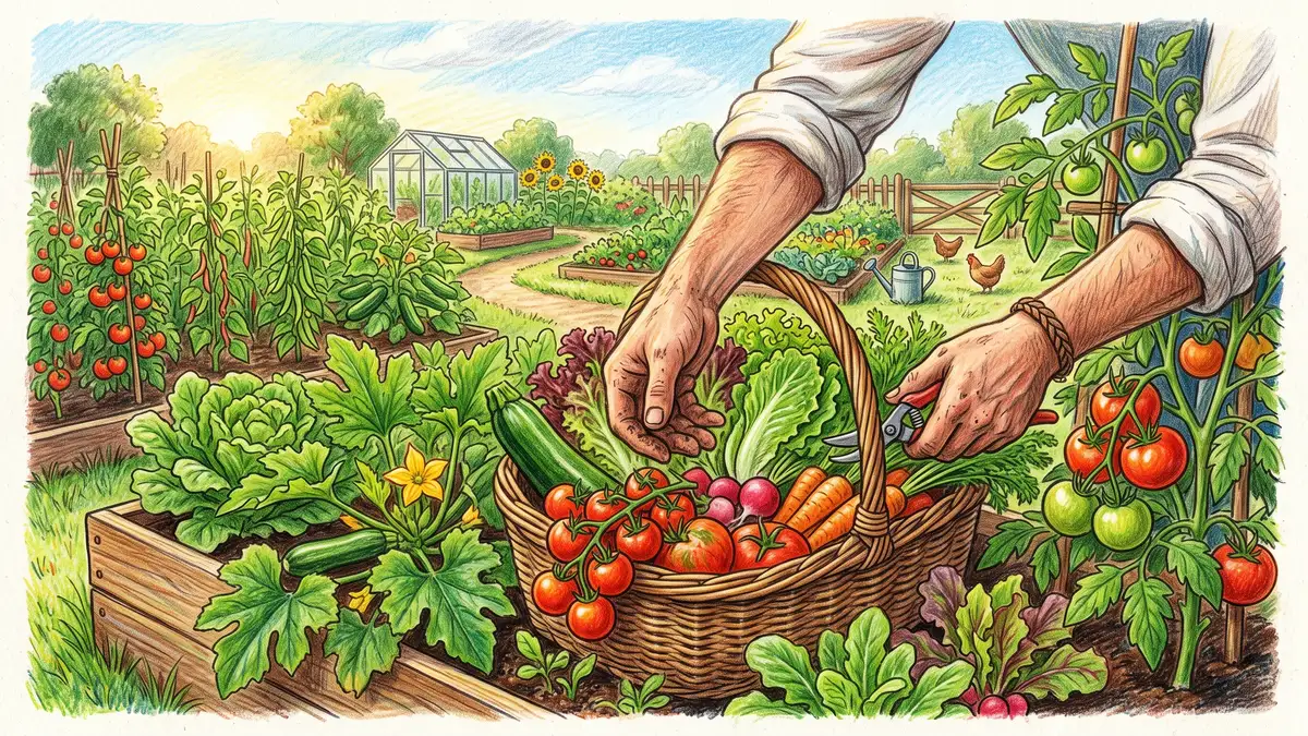 A gardener's hands harvesting a basket of tomatoes, zucchini, and lettuce from a raised vegetable bed on a summer morning