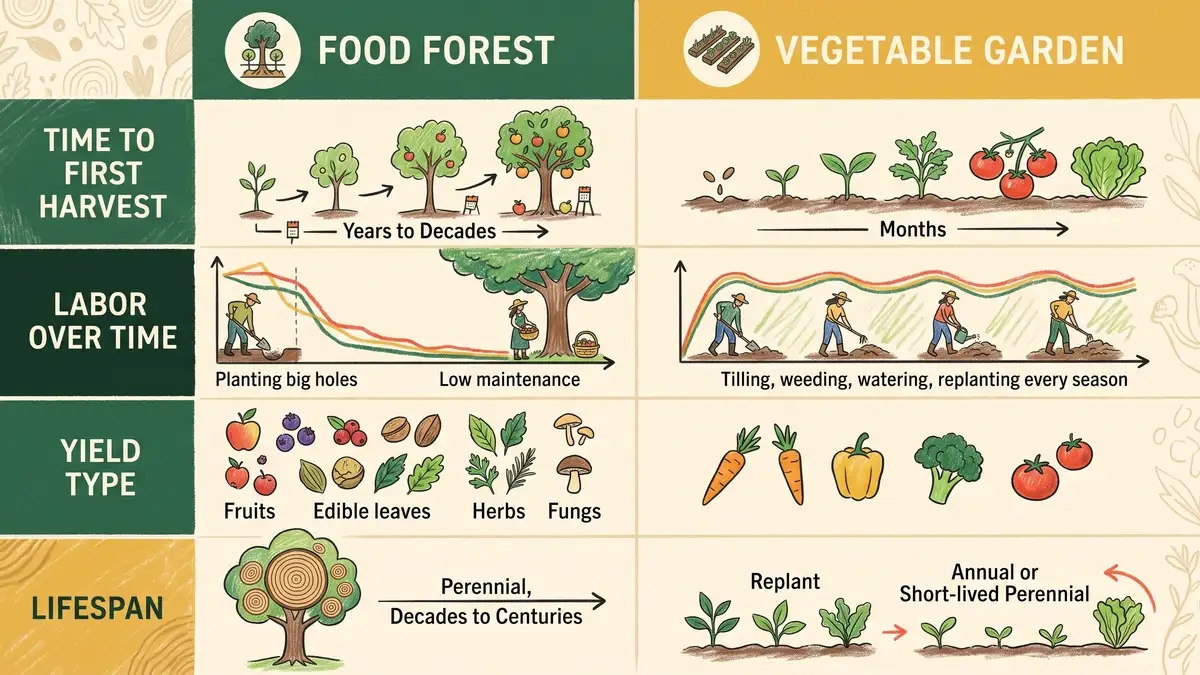 Infographic comparing a food forest and a vegetable garden across time to first harvest, labor over time, yield type, and lifespan
