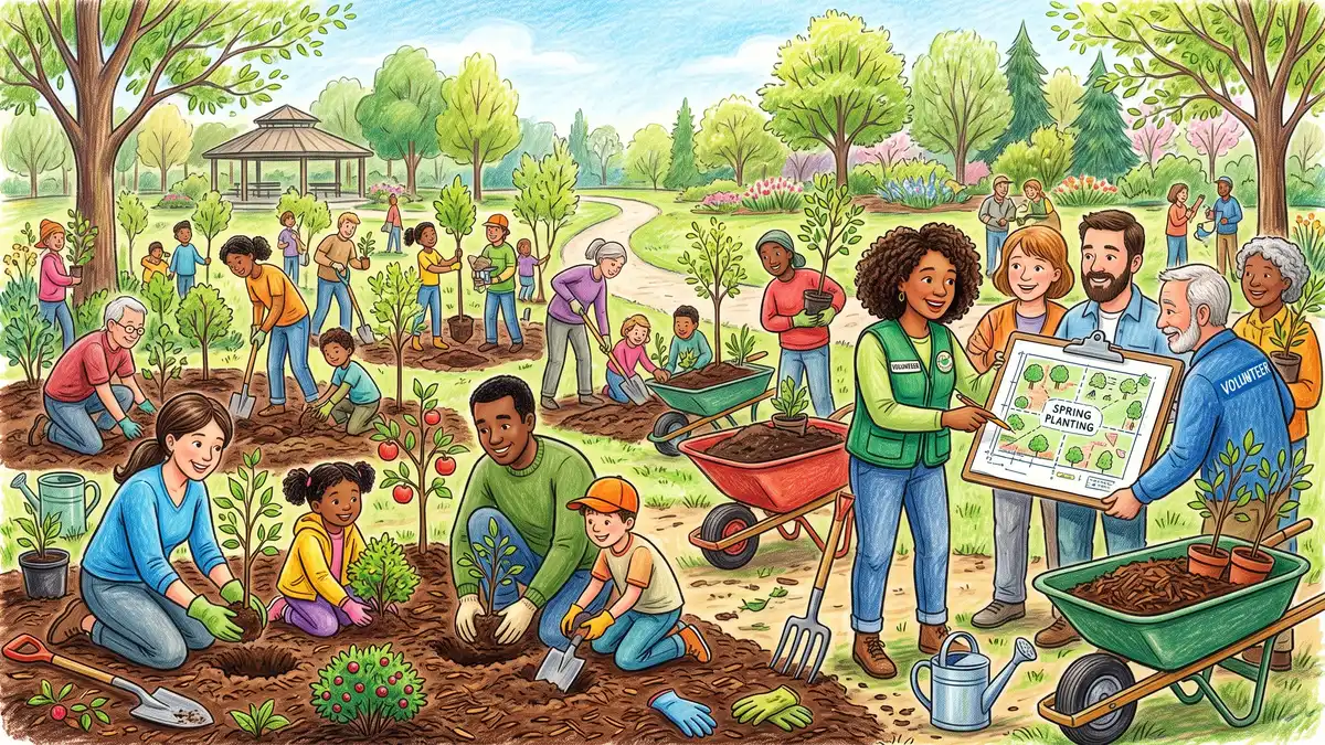 Volunteers of mixed ages planting young fruit trees and shrubs into mulched beds at a community food forest work day