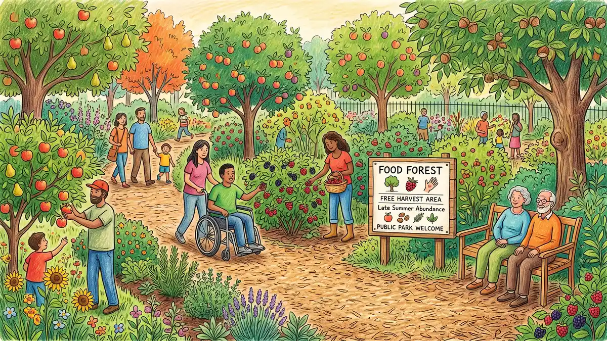 A mature public food forest with diverse fruit and nut trees, wide wood-chip paths, an interpretive sign, and people picking fruit