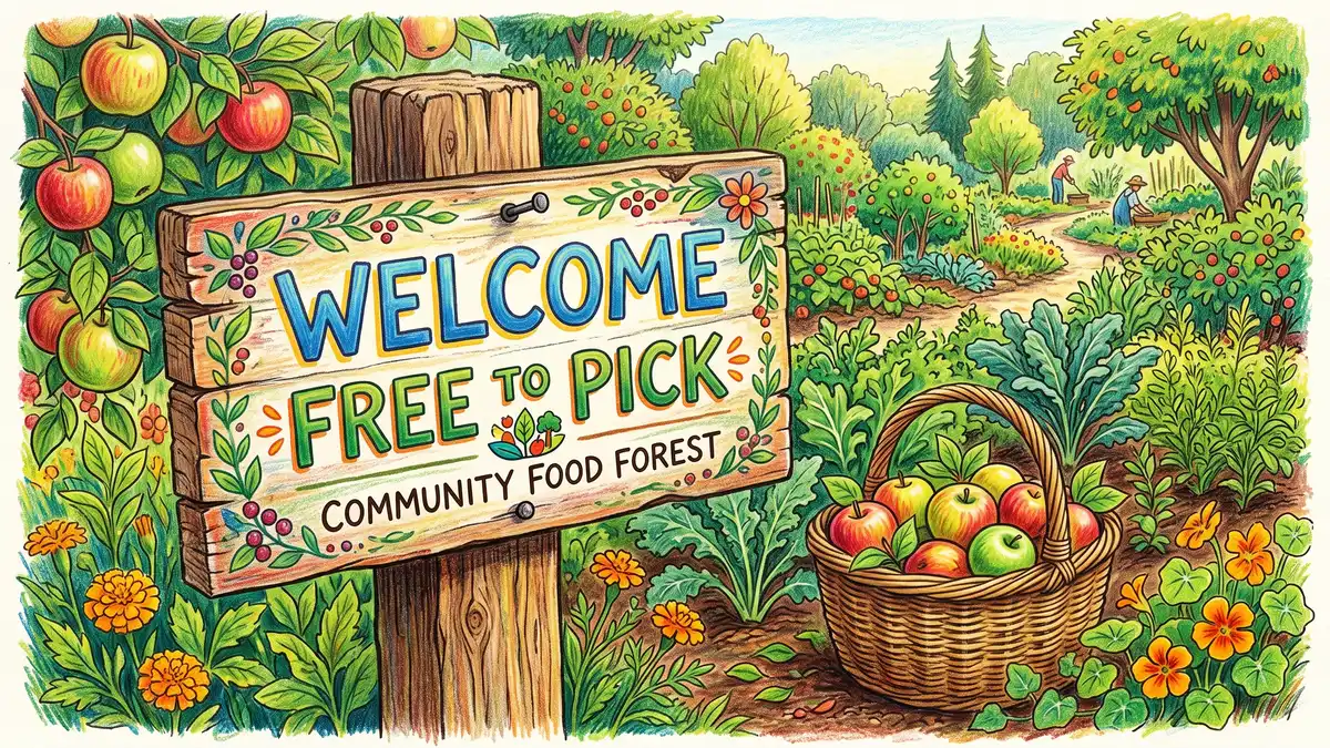 A hand-painted wooden community food forest sign reading welcome and free to pick beside a shared basket of apples at a garden entrance