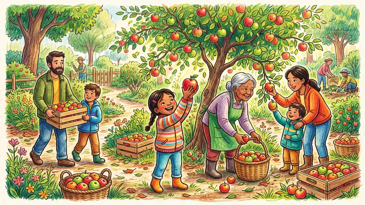 Children and adults harvesting apples together from a low fruit tree in a community food forest, baskets on the ground