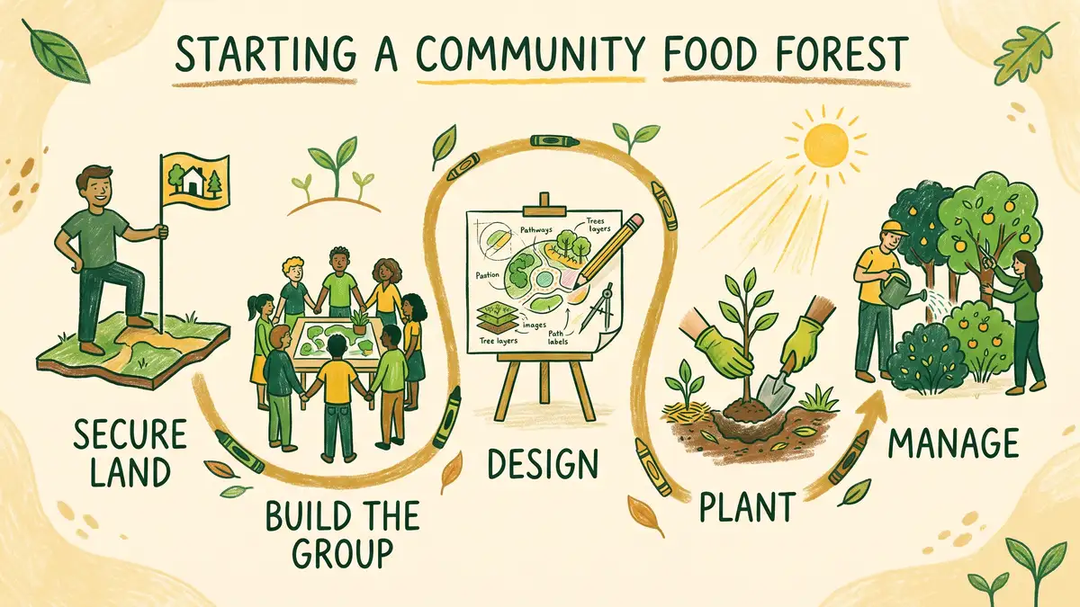 Infographic showing five phases to start a community food forest: secure land, build the group, design, plant, and manage
