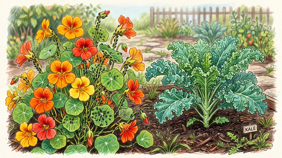 Orange and yellow nasturtium flowers covered in dark aphids growing next to a healthy untouched kale plant, showing the trap crop absorbing pest pressure