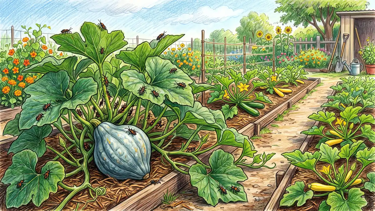 A large sprawling blue Hubbard squash plant at the edge of a vegetable garden with squash bugs on it, guarding neat rows of summer squash behind