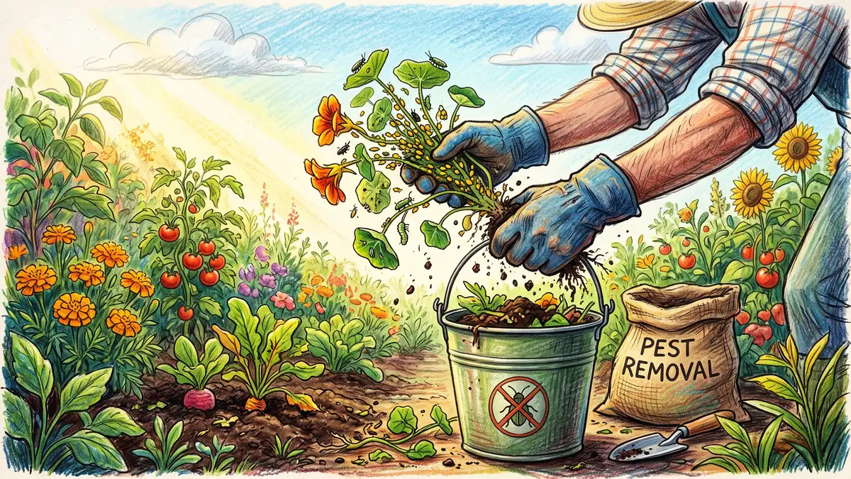 A gardener's gloved hands pulling up an infested trap plant covered in pests and dropping it into a bucket for disposal