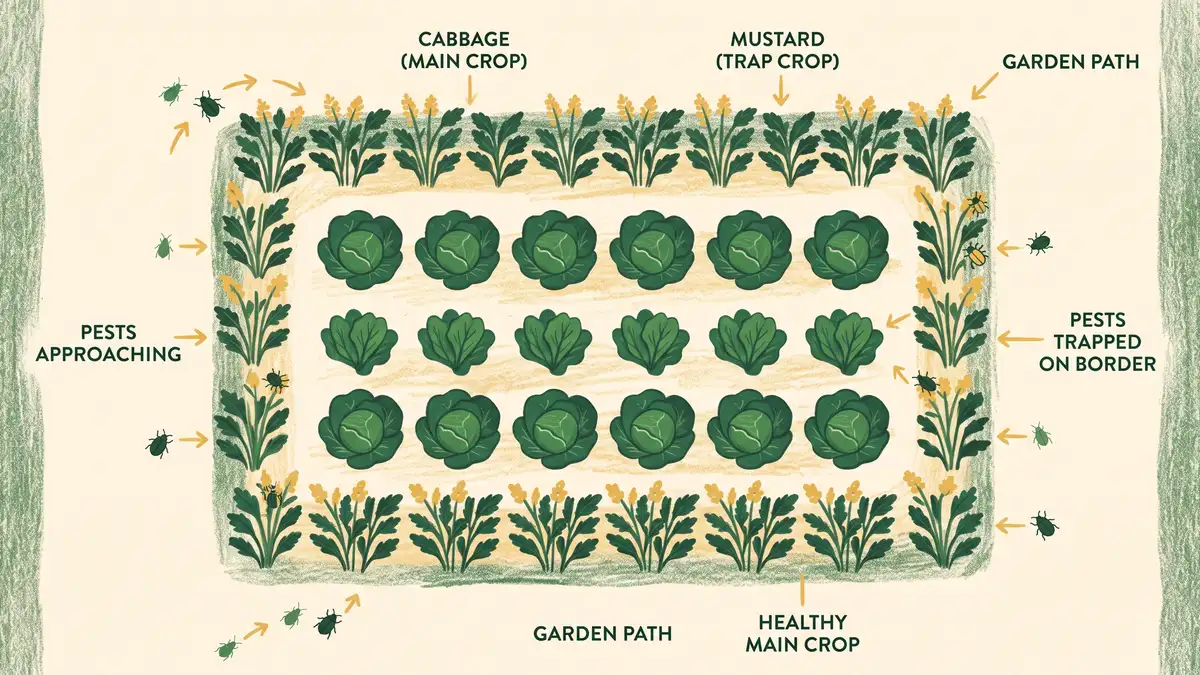 Top-down infographic of a garden bed showing a central main crop ringed by a perimeter of trap plants, with pests moving from outside toward the border