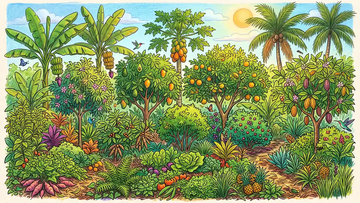 A dense thriving syntropic agroforestry system with many stacked layers of plants photosynthesizing under bright sun, biomass accumulating as living structure