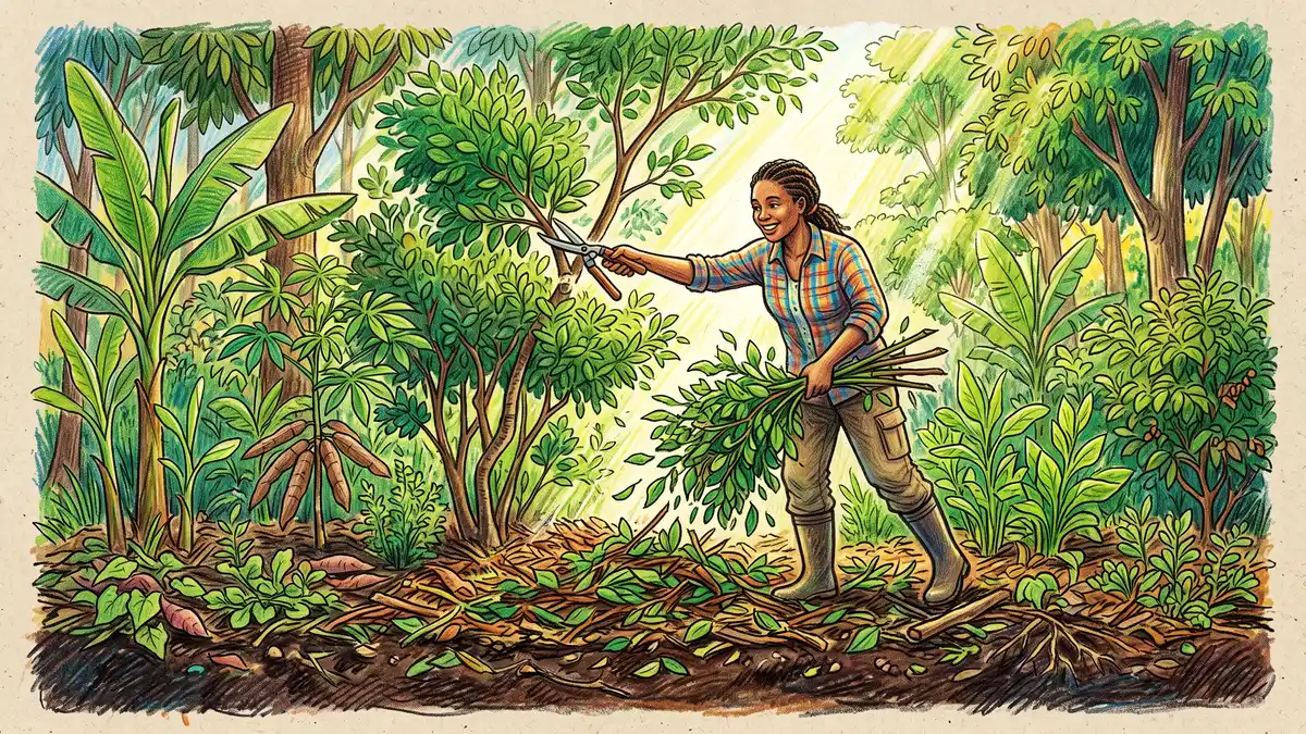 A farmer doing chop-and-drop pruning in a syntropic row, laying cut green biomass onto the soil as mulch with fresh growth surging around