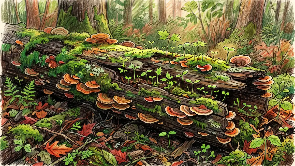 A fallen decaying log covered in bracket fungi, moss, and tiny green seedlings sprouting from the rotting wood, new order emerging from decay