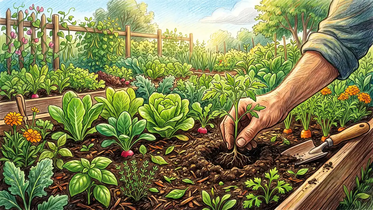 A gardener's hand pressing a small seedling into rich dark soil in a bed already dense with young plants of many kinds, a stacked successional planting