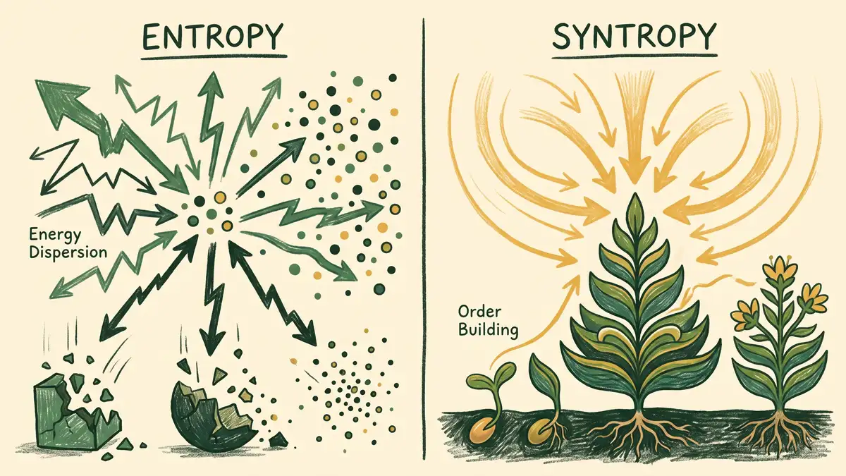 Infographic contrasting entropy as energy dispersing into disorder with syntropy as sunlight energy captured and concentrated into a growing layered plant structure
